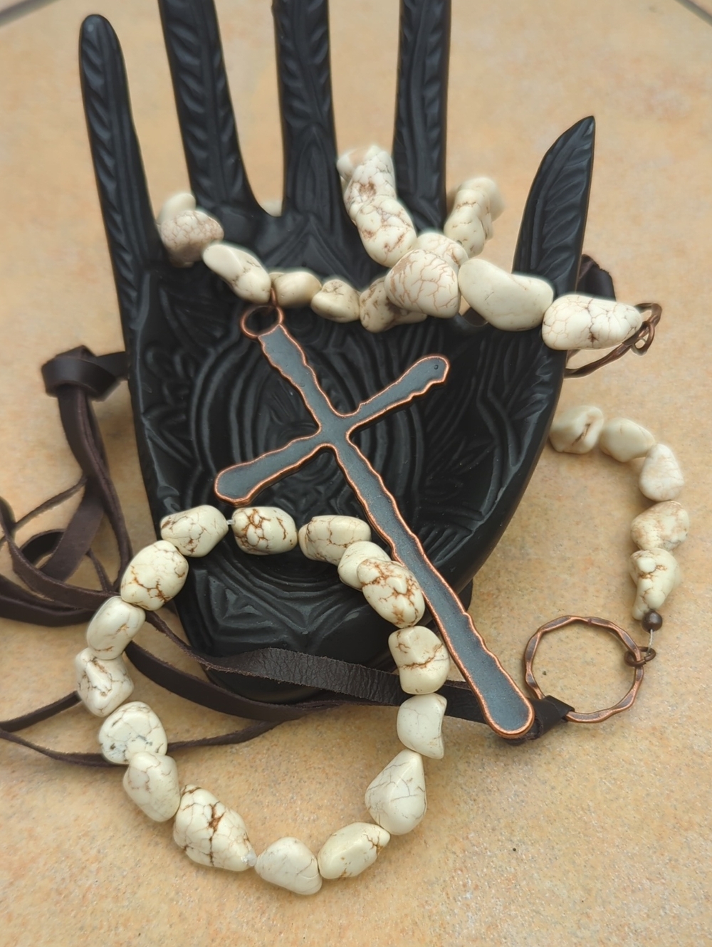 Southwest Copper Cross and Howlite Necklace And Bracelet